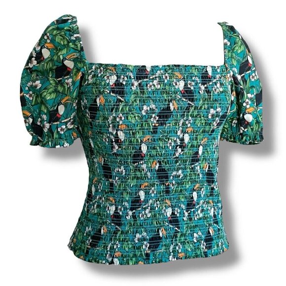 Dolan Womens Top Sz Small Green Toucan Tropical Floral Smocked Puff Sleeve Shirt - Picture 6 of 9